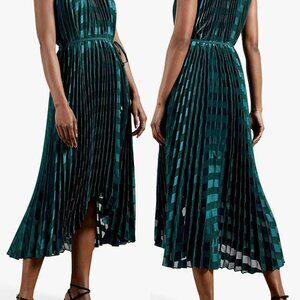 TED BAKER Teal Pleated Satin Striped Maxi Dress w/ Chain Strap - Size 5